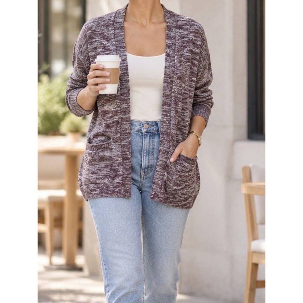 Loft Wine Purple Heather Slub Knit Draping Open Cardigan XS Cozy Long Line